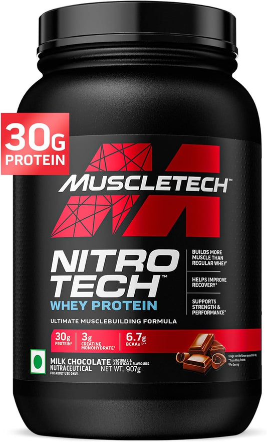 Muscletech Nitro-Tech Whey Protein Powder, Milk Chocolate Flavor, 2.2 lbs - Muscle Building Formula with Whey Protein Isolate, Peptides, Creatine, and BCAA - 30g Protein