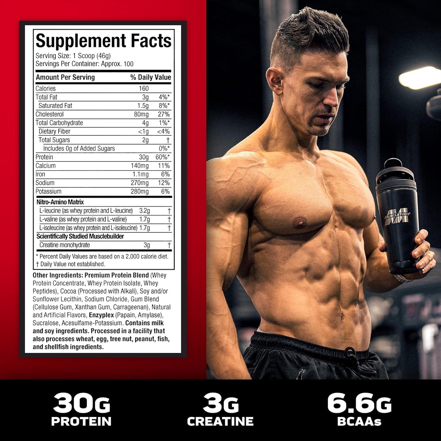 Muscletech Nitro-Tech Whey Protein Powder, Milk Chocolate Flavor, 10 lb - Muscle Building Formula with Whey Isolate & Peptides - 30g Protein, 3g Creatine, 6.6g BCAA