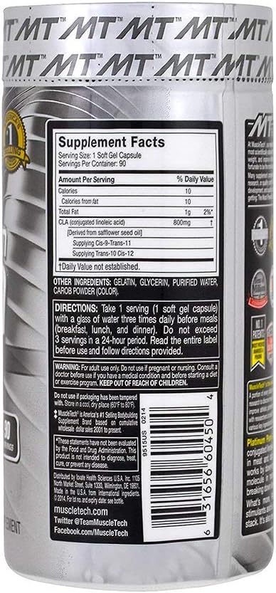 MuscleTech Platinum Ultra Pure CLA Supplements - 800mg Per Serving - Anti-Catabolic Support - Stimulant-Free - 90 Pills