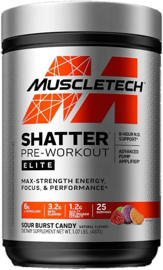 MuscleTech Shatter Pre-Workout Powder for Energy Boost - Rainbow Fruit Candy Flavor, 20 Servings, Men & Women's Sports Nutrition