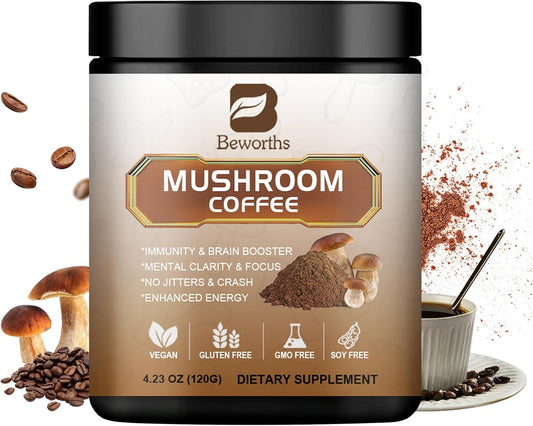 Mushroom Coffee Powder with Lion's Mane, Reishi, Chaga, Cordyceps, Turkey Tail - Immunity and Gut Health Support