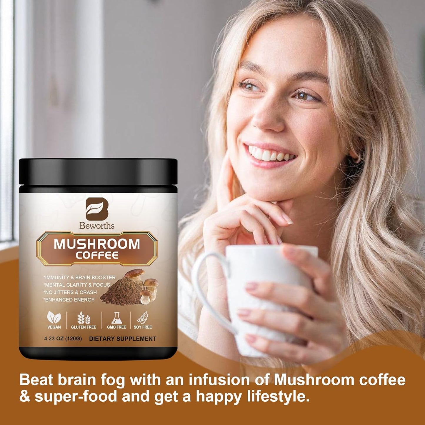 Mushroom Coffee Powder with Lion's Mane, Reishi, Chaga, Cordyceps, Turkey Tail - Immunity and Gut Health Support