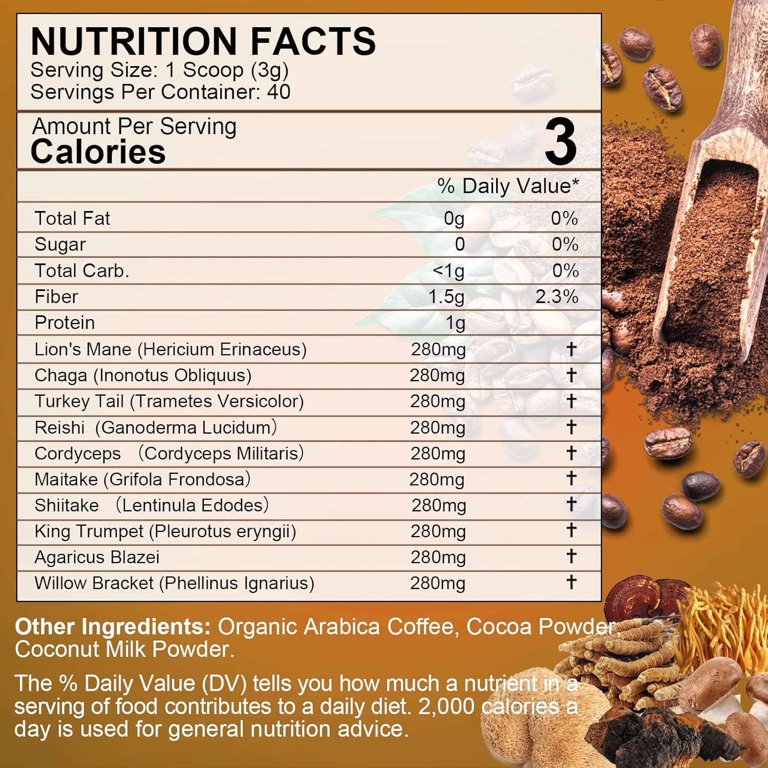 Mushroom Coffee Powder with Lion's Mane, Reishi, Chaga, Cordyceps, Turkey Tail - Immunity and Gut Health Support
