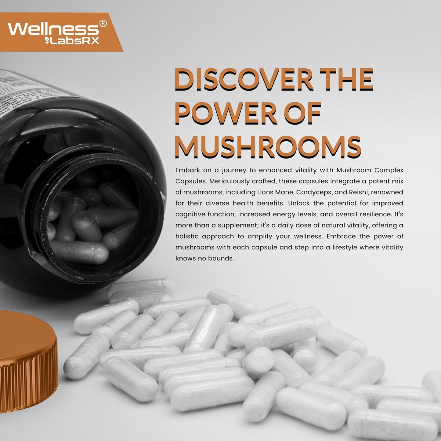 Mushroom Complex Capsules 1000mg - Lions Mane, Turkey Tail, Cordyceps, Reishi - 2 Pack by WELLNESS LABSRX