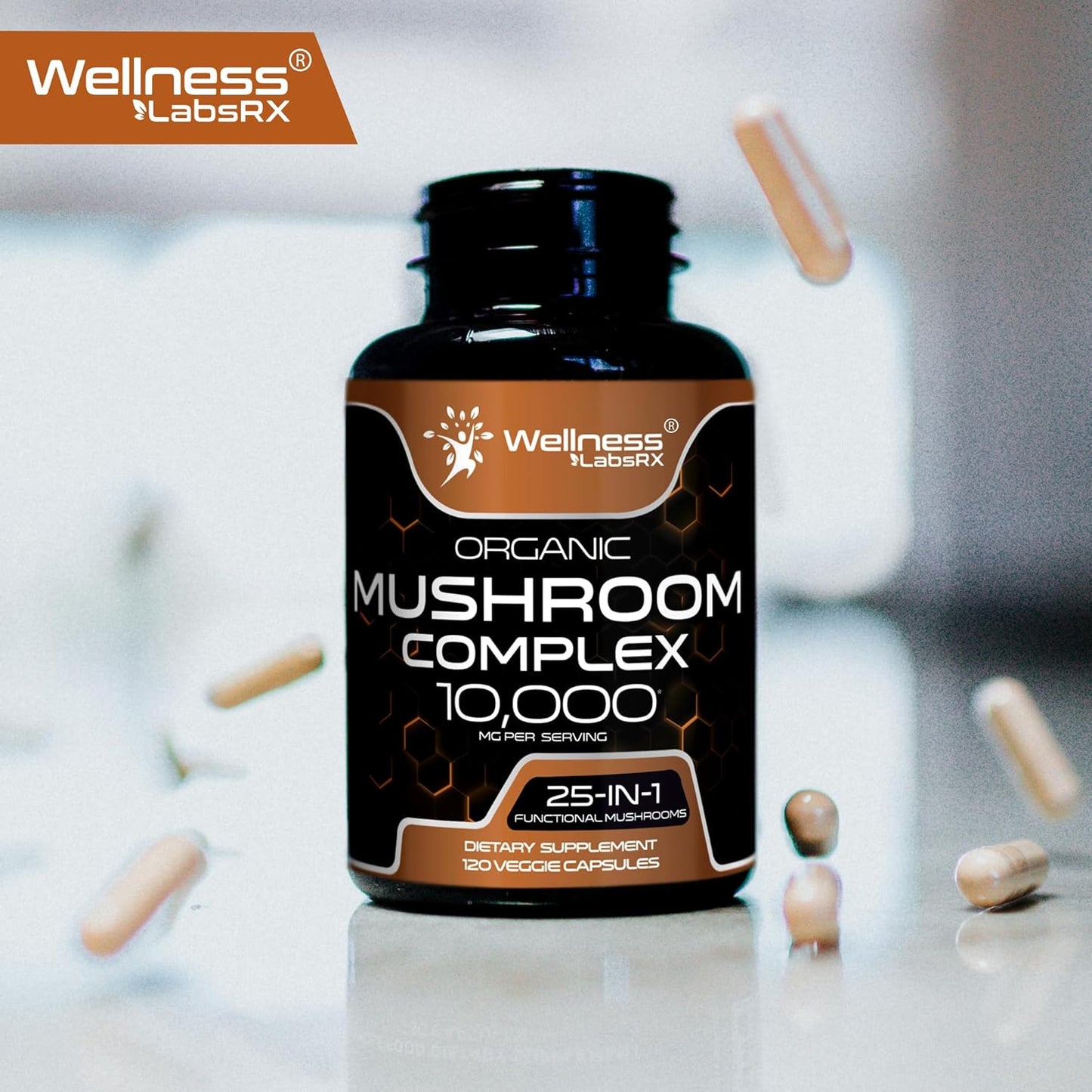 Mushroom Complex Capsules 1000mg - Lions Mane, Turkey Tail, Cordyceps, Reishi - 2 Pack by WELLNESS LABSRX