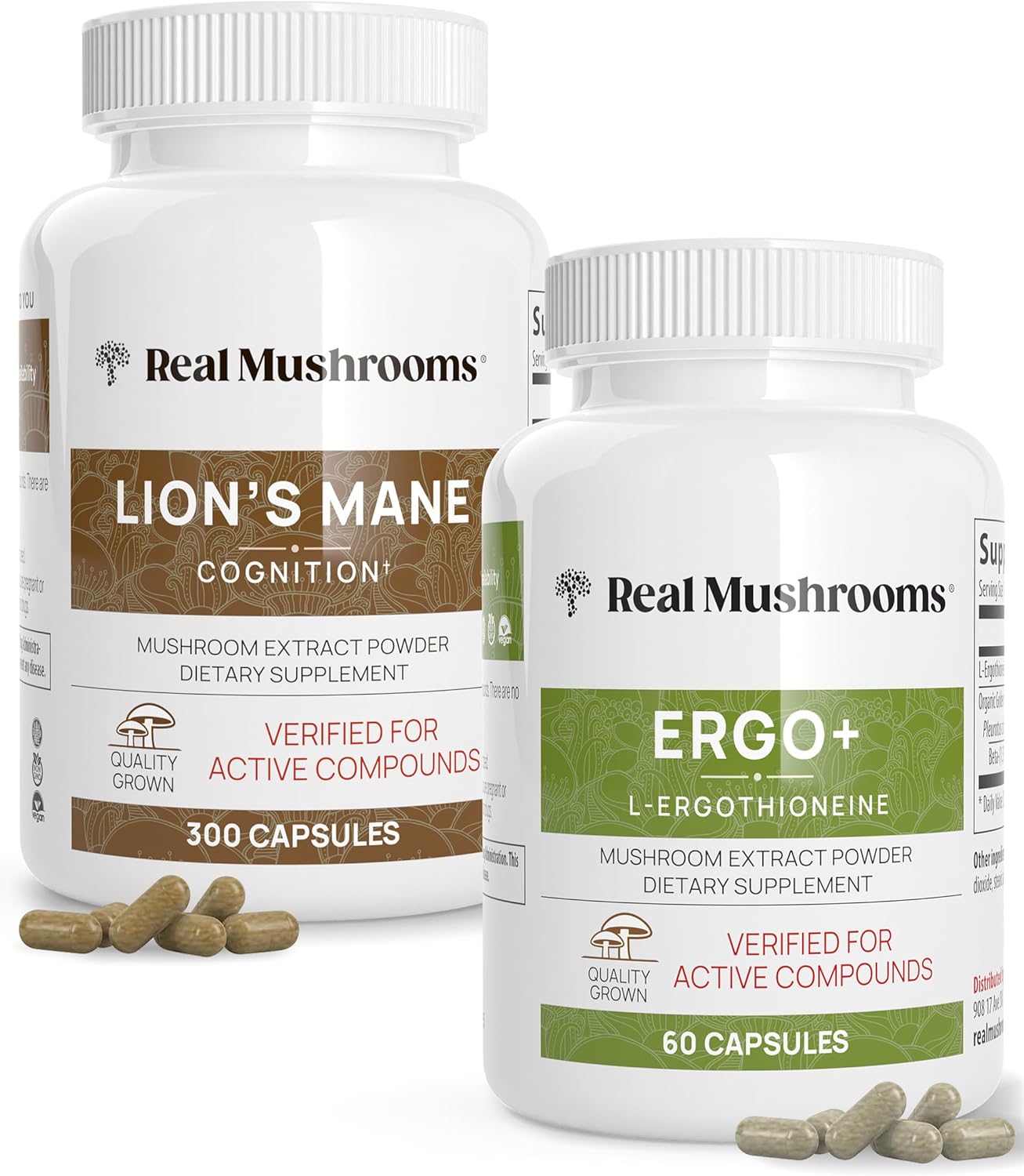 Mushroom Extracts Bundle for Longevity and Cognition - Ergothioneine, Lions Mane, Shiitake, Oyster - Vegan, Gluten Free, Non-GMO - Supports Healthy Aging - 60ct + 300ct