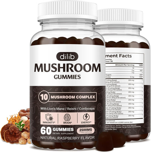 Mushroom Gummies 10 Blend Complex 2500mg with Lions Mane, Cordyceps, Turkey Tail, Chaga, Reishi - Focus, Clarity, Memory, Energy, Immune Support - 60 Gummies