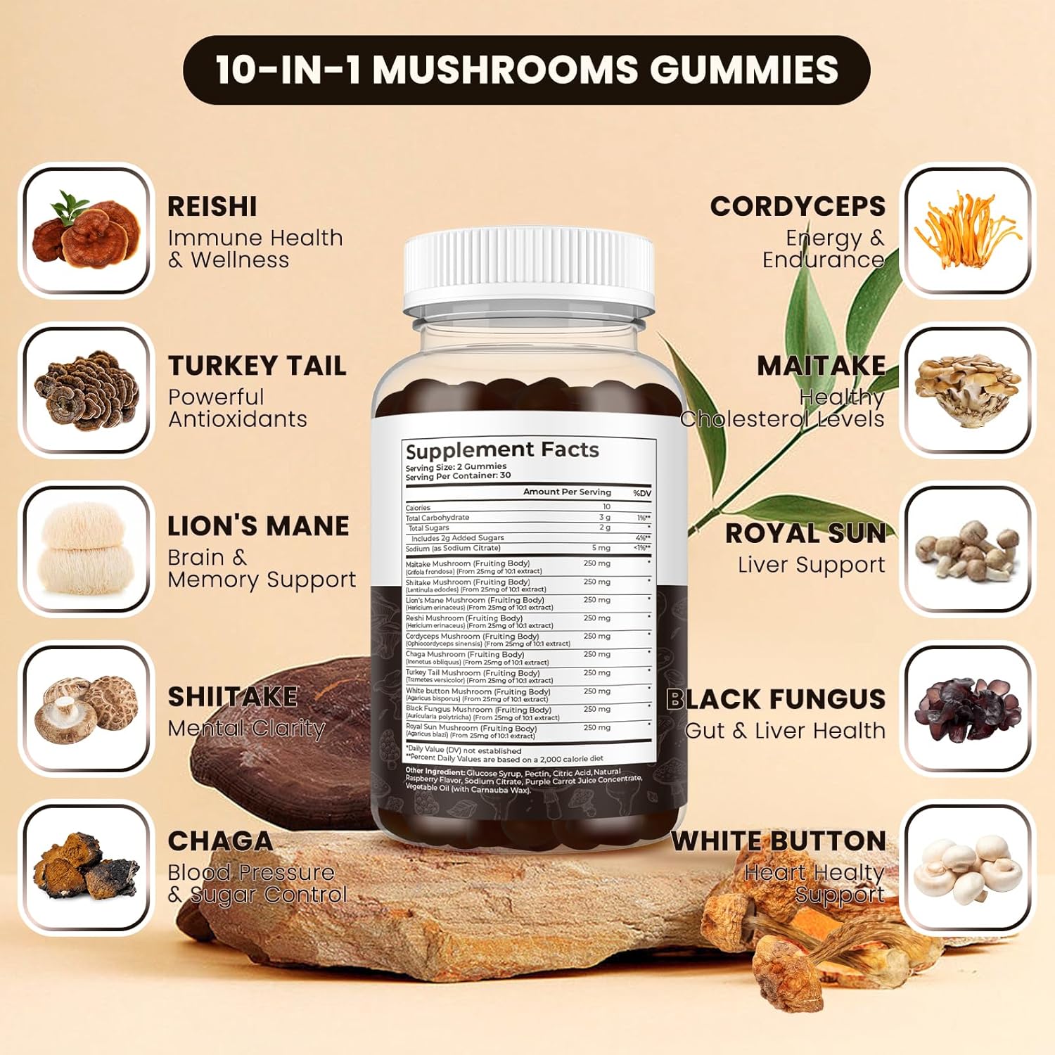 Mushroom Gummies 10 Blend Complex 2500mg with Lions Mane, Cordyceps, Turkey Tail, Chaga, Reishi - Focus, Clarity, Memory, Energy, Immune Support - 60 Gummies