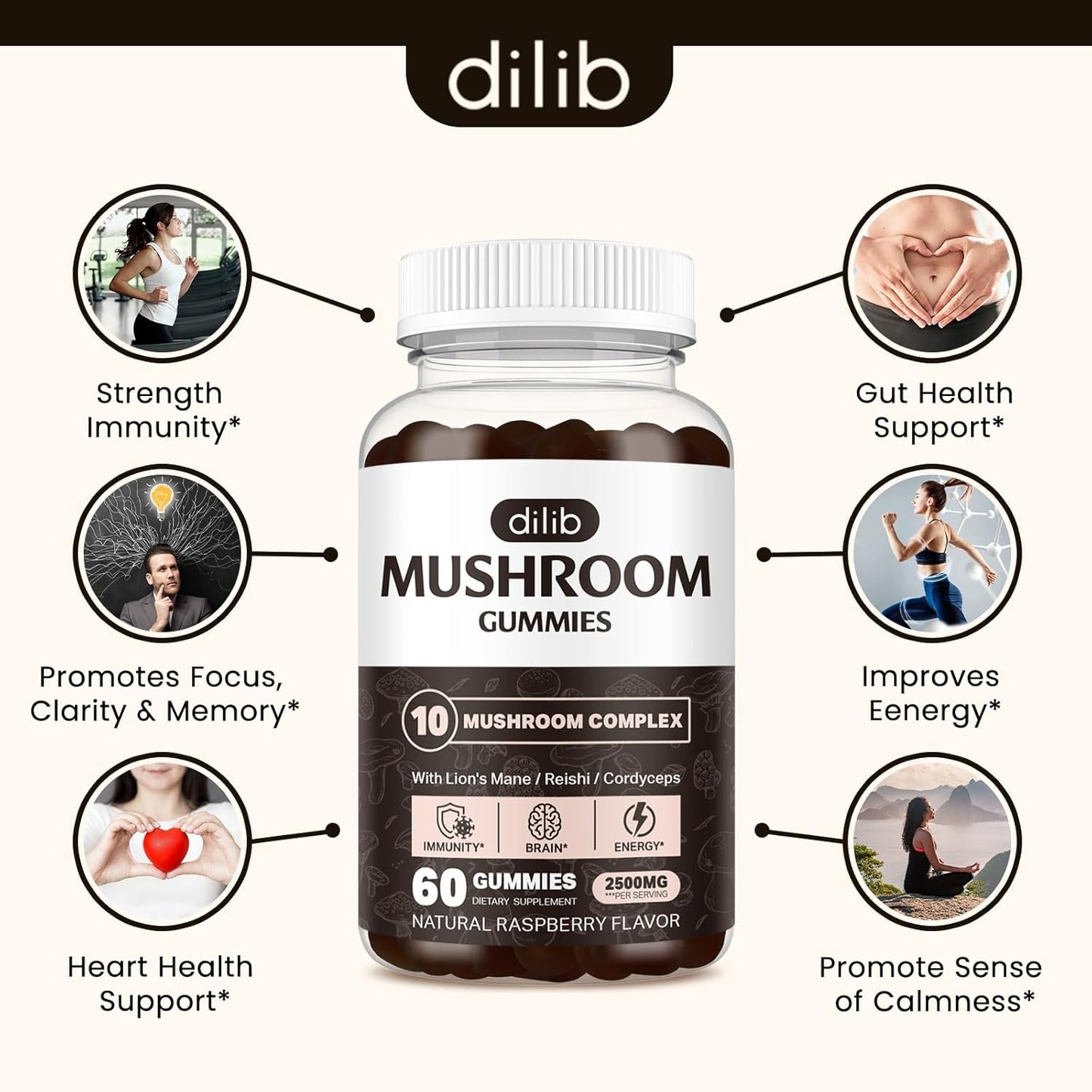 Mushroom Gummies 10 Blend Complex 2500mg with Lions Mane, Cordyceps, Turkey Tail, Chaga, Reishi - Focus, Clarity, Memory, Energy, Immune Support - 60 Gummies