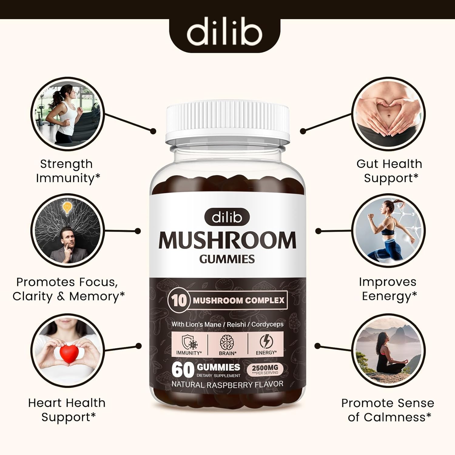 Mushroom Gummies 10 Blend Complex 2500mg with Lions Mane, Cordyceps, Turkey Tail, Chaga, Reishi - Focus, Clarity, Memory, Energy, Immune Support - 60 Gummies