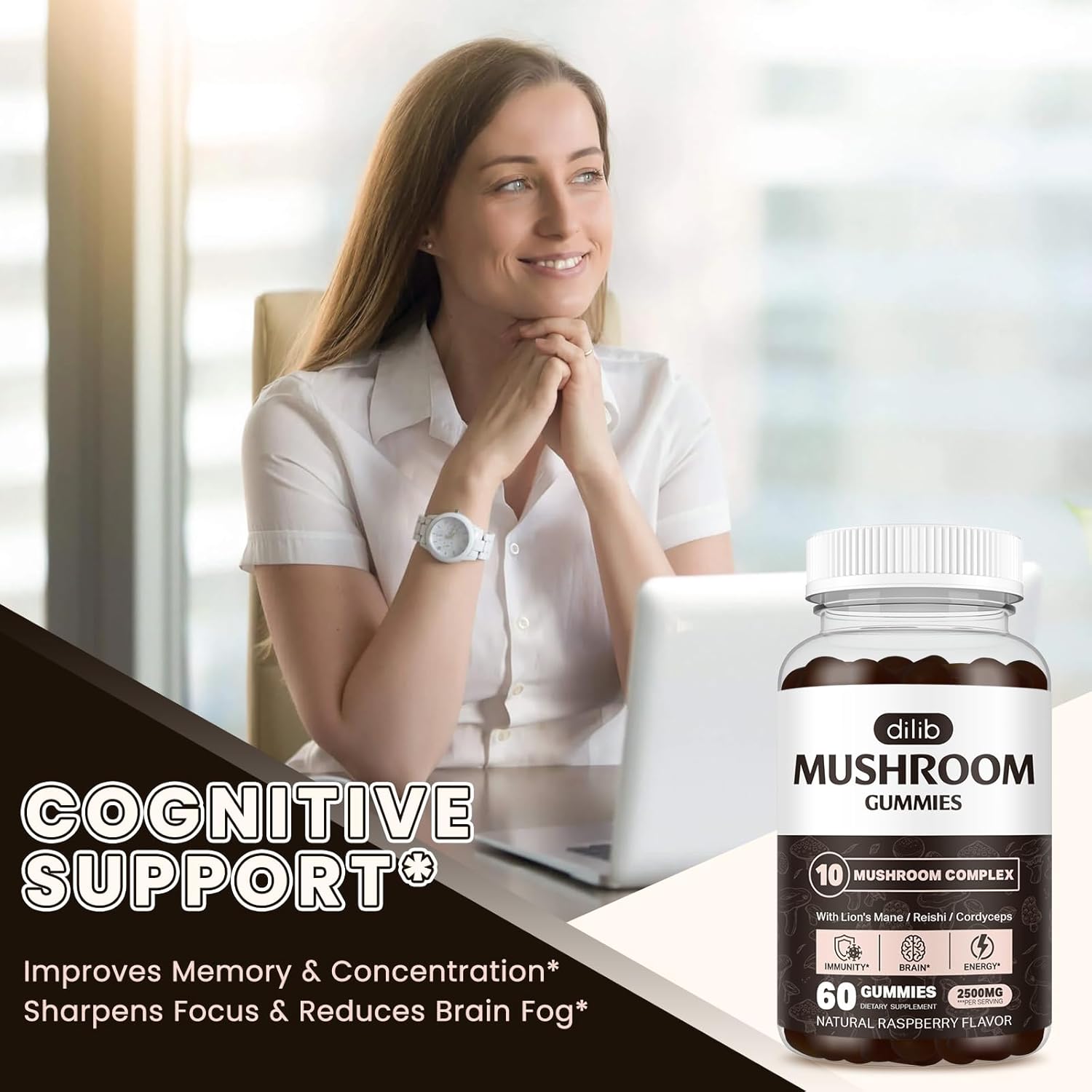 Mushroom Gummies 10 Blend Complex 2500mg with Lions Mane, Cordyceps, Turkey Tail, Chaga, Reishi - Focus, Clarity, Memory, Energy, Immune Support - 60 Gummies