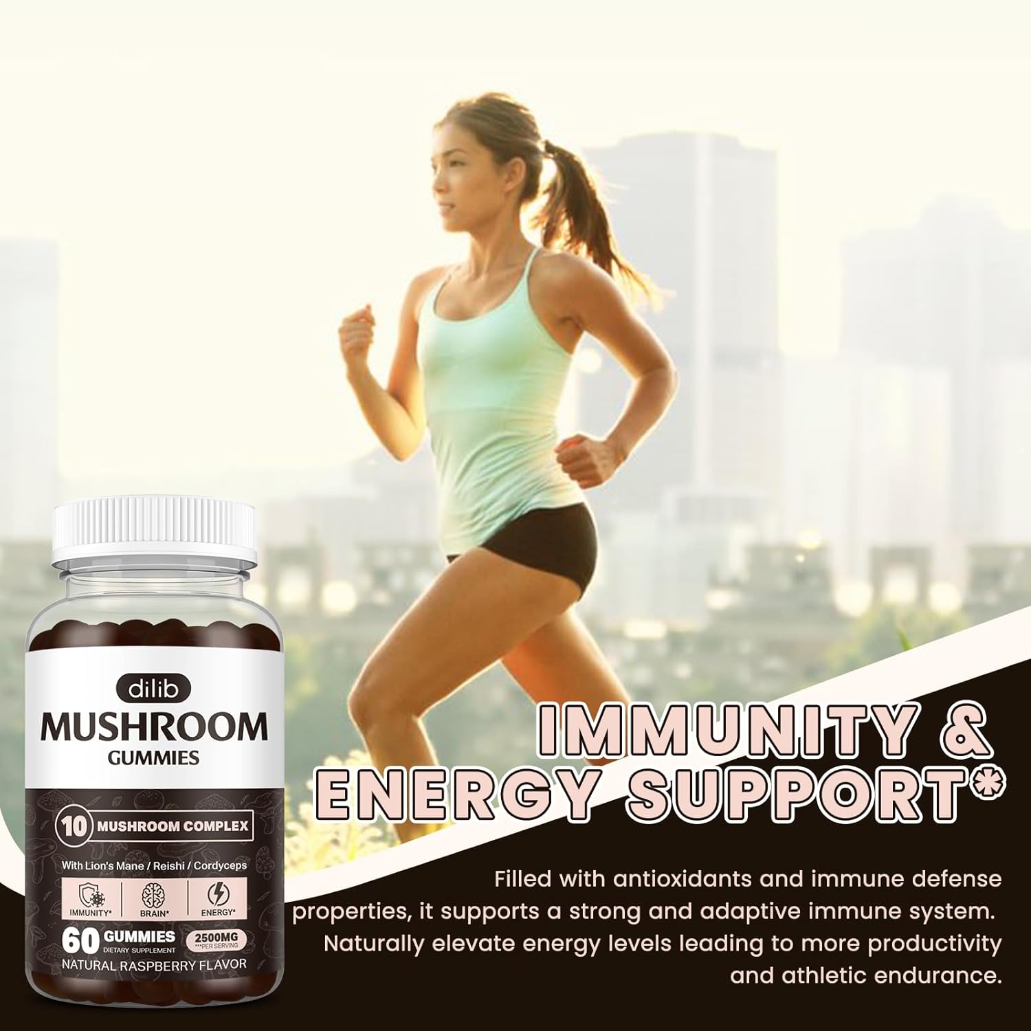 Mushroom Gummies 10 Blend Complex 2500mg with Lions Mane, Cordyceps, Turkey Tail, Chaga, Reishi - Focus, Clarity, Memory, Energy, Immune Support - 60 Gummies