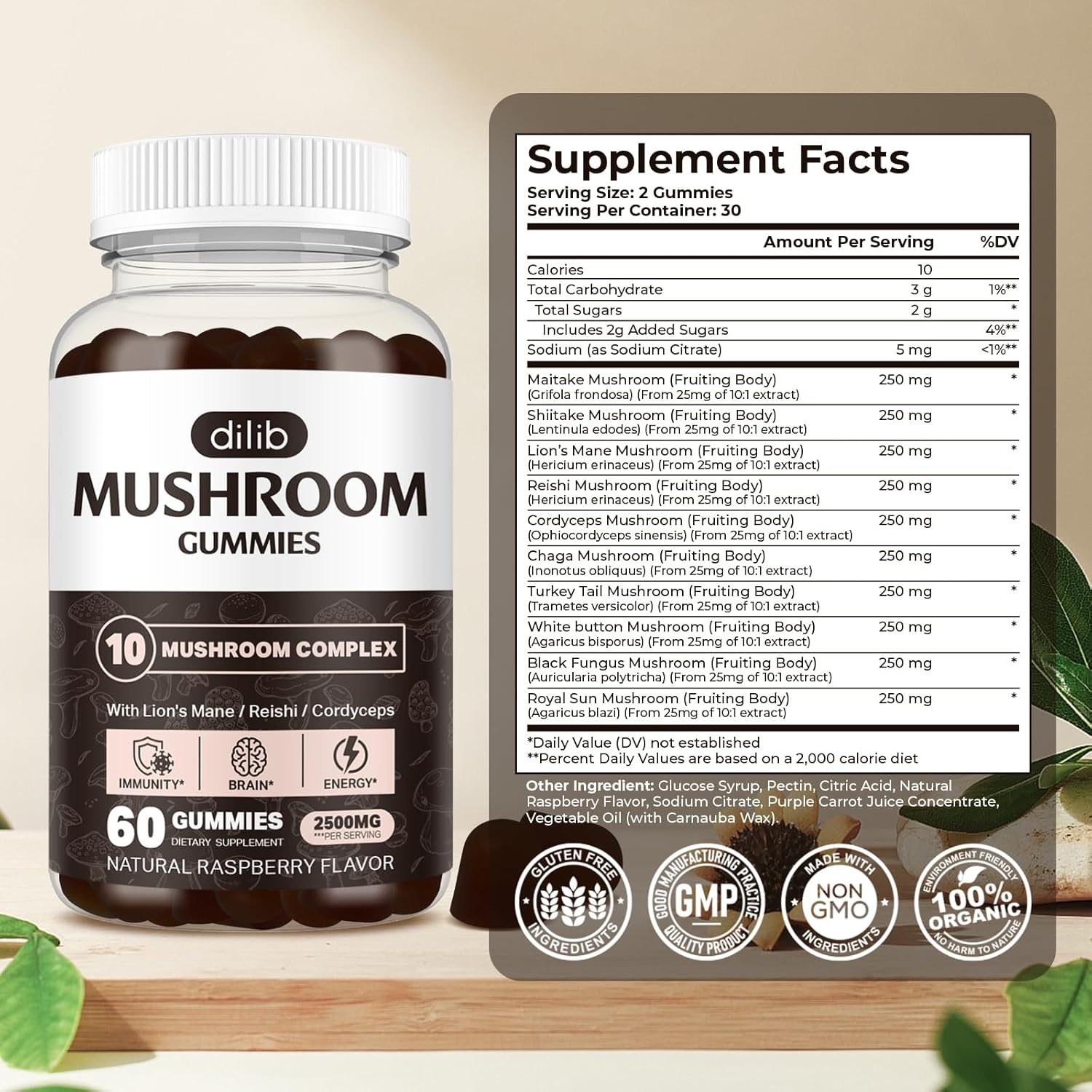 Mushroom Gummies 10 Blend Complex 2500mg with Lions Mane, Cordyceps, Turkey Tail, Chaga, Reishi - Focus, Clarity, Memory, Energy, Immune Support - 60 Gummies