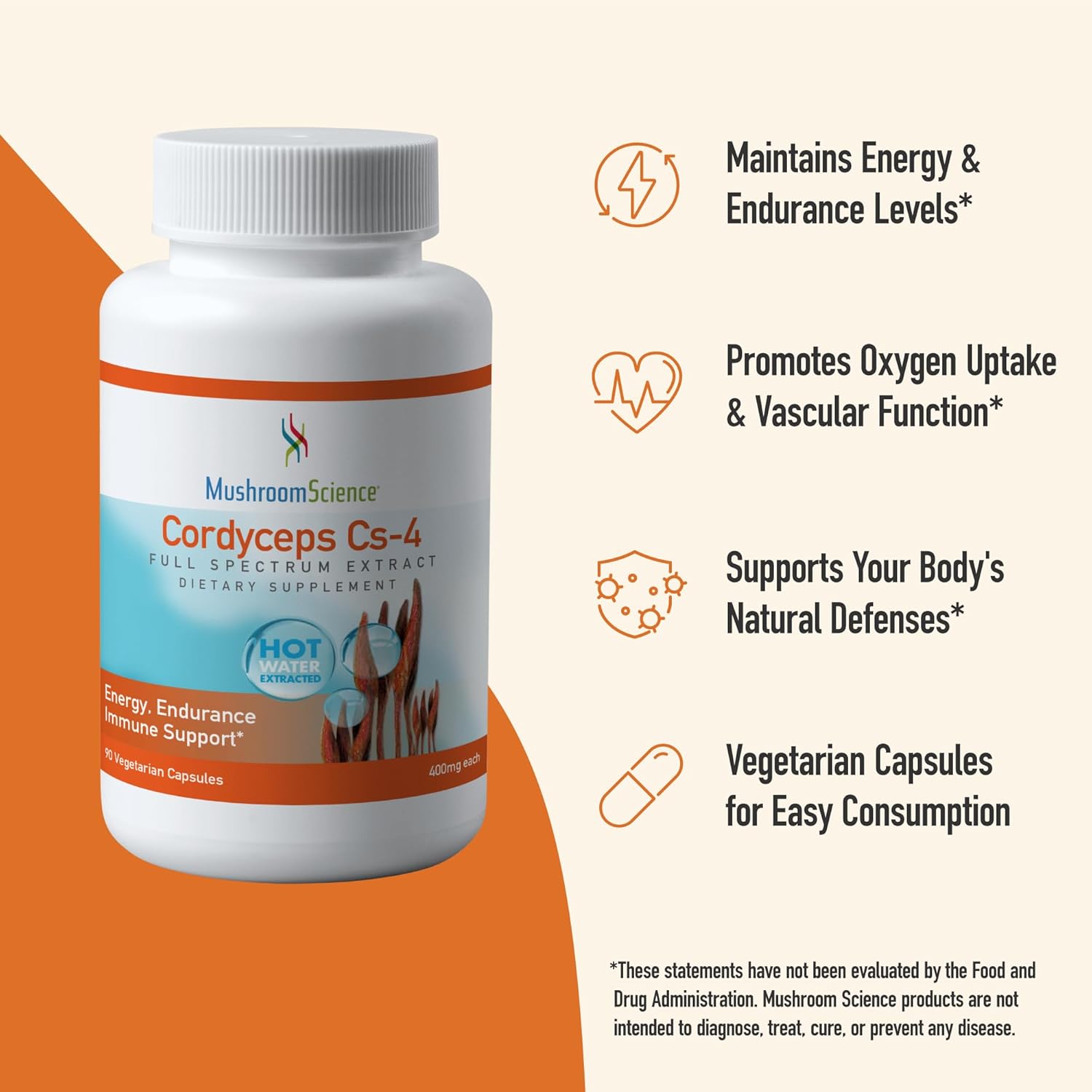 Mushroom Science Cordyceps CS-4 Capsules - Full Spectrum Extract for Energy & Endurance - Vegetarian - 400mg, 90 CT