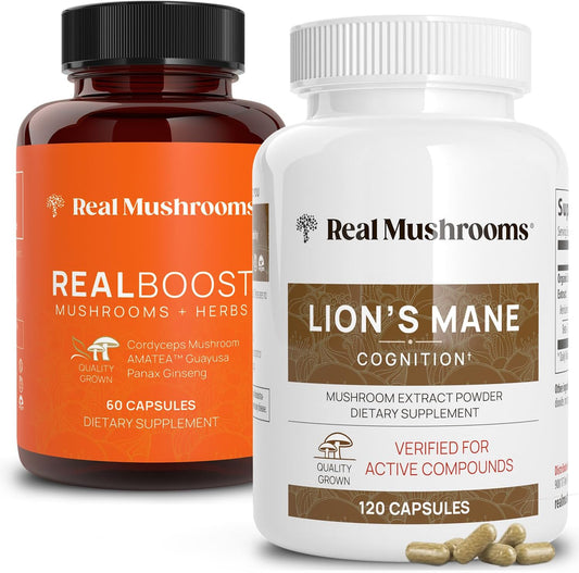 Mushroom Supplement Bundle for Energy, Vitality & Cognition - RealBoost & Lions Mane Capsules with Cordyceps, Ginseng, Guayusa - Vegan, Non-GMO - 60ct & 120ct