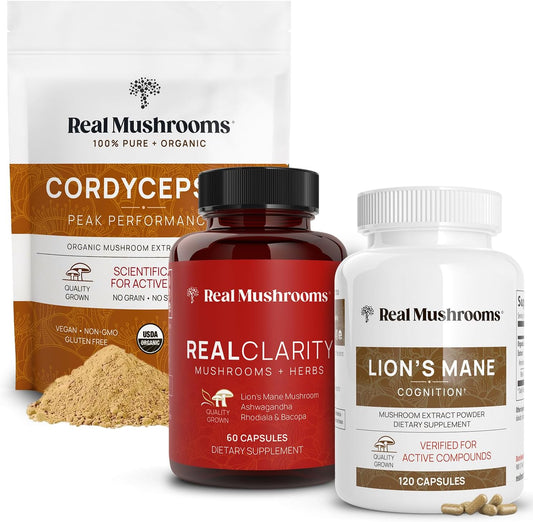 Mushroom Supplement Bundle for Mental Clarity, Focus, Energy - Vegan & Non-GMO - Real Mushrooms RealClarity & Lions Mane Capsules with Cordyceps Powder (60ct & 120ct)