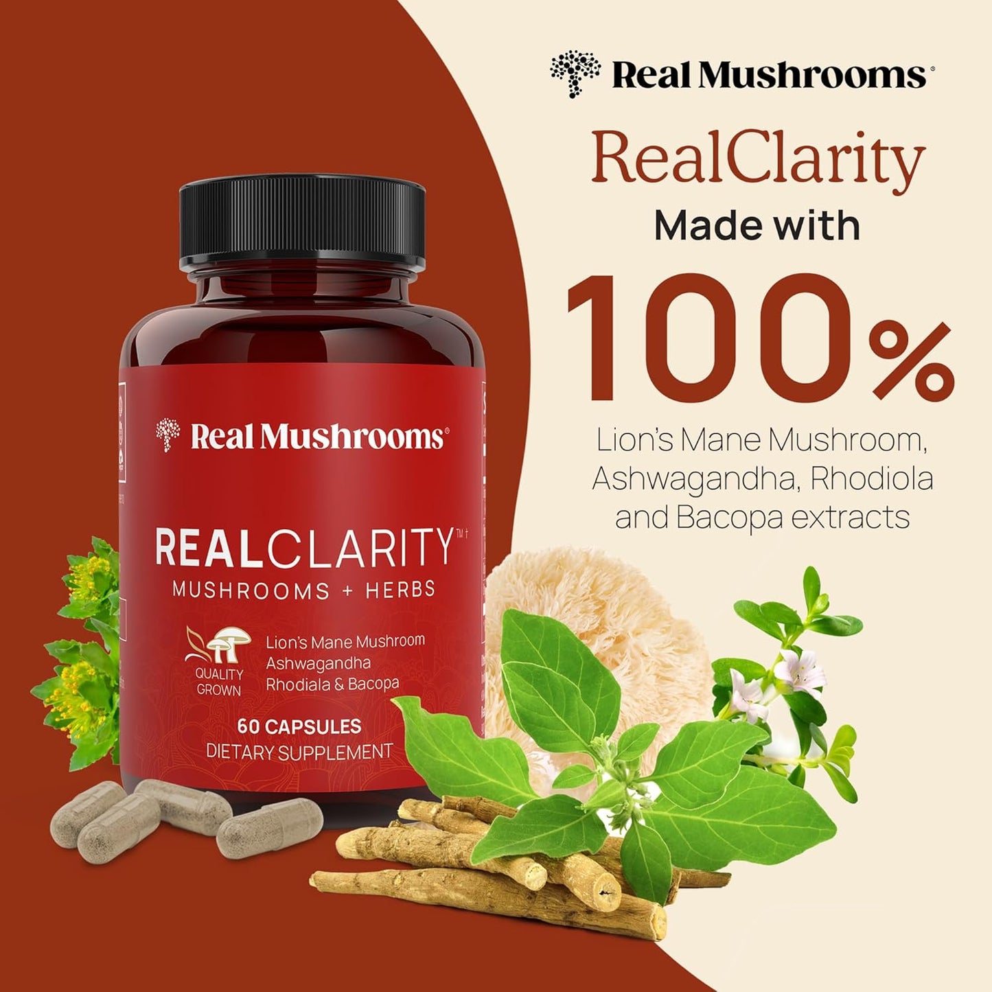 Mushroom Supplement Bundle for Mental Clarity, Focus, Energy - Vegan & Non-GMO - Real Mushrooms RealClarity & Lions Mane Capsules with Cordyceps Powder (60ct & 120ct)