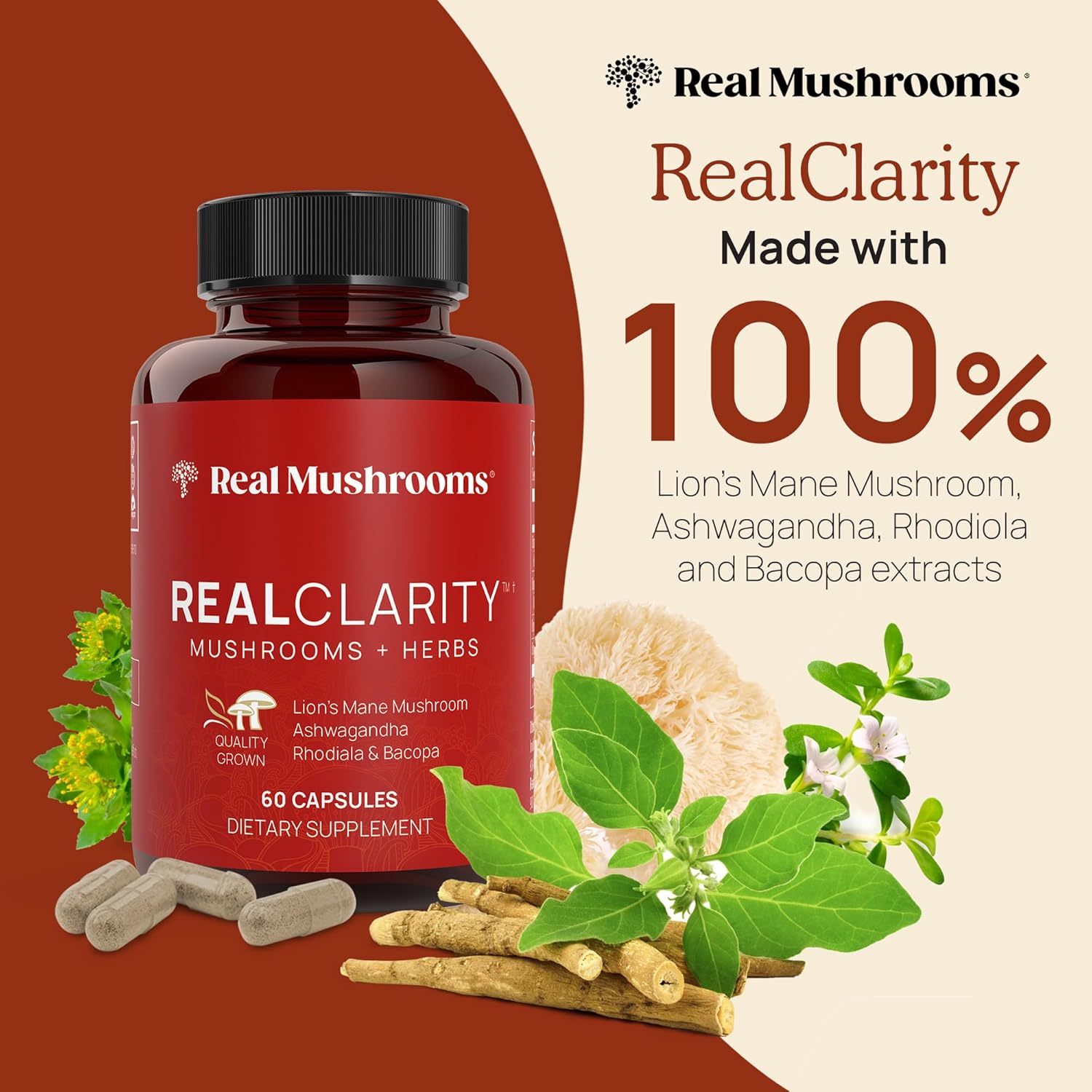 Mushroom Supplement Bundle for Mental Clarity, Focus, Energy - Vegan & Non-GMO - Real Mushrooms RealClarity & Lions Mane Capsules with Cordyceps Powder (60ct & 120ct)