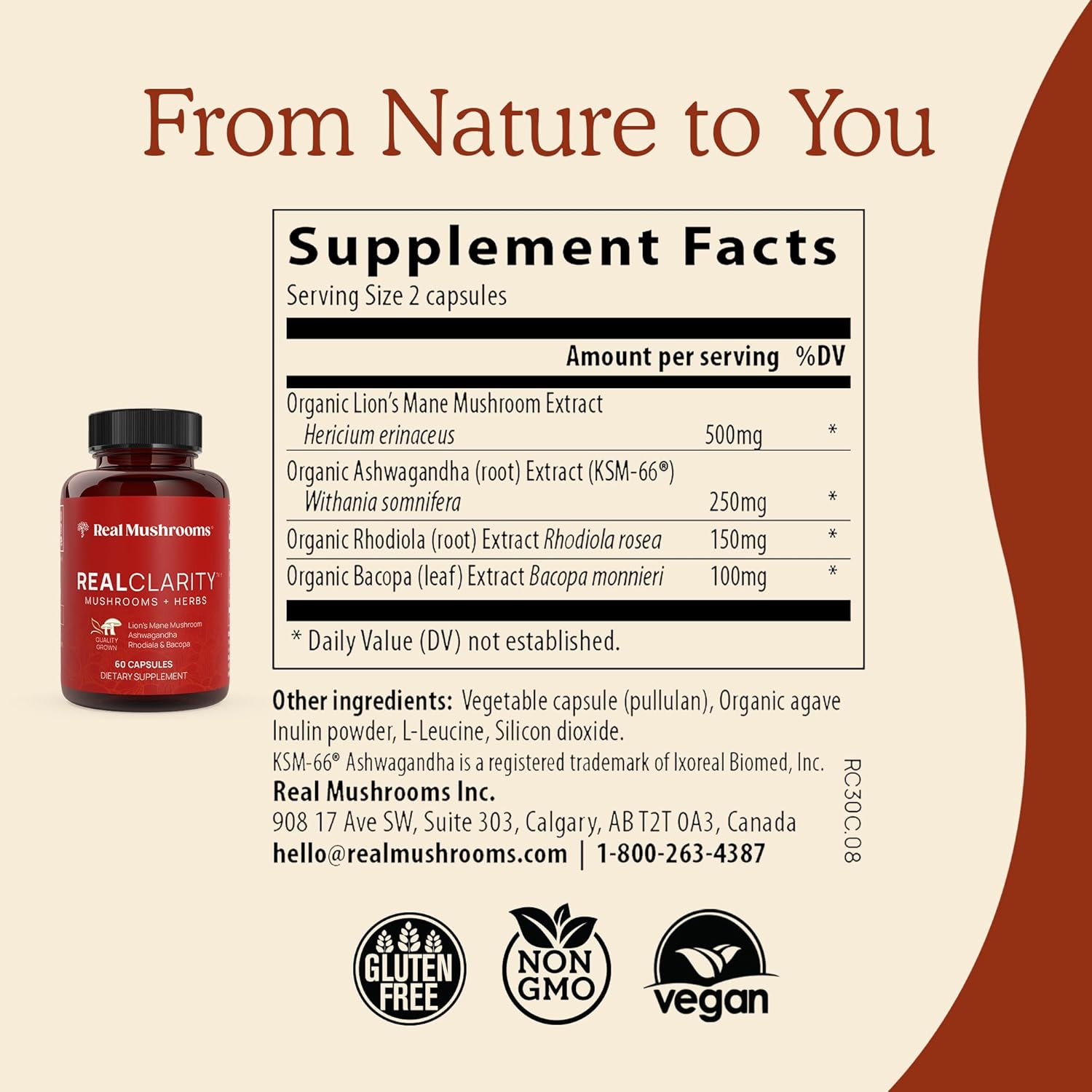 Mushroom Supplement Bundle for Mental Clarity, Focus, Energy - Vegan & Non-GMO - Real Mushrooms RealClarity & Lions Mane Capsules with Cordyceps Powder (60ct & 120ct)
