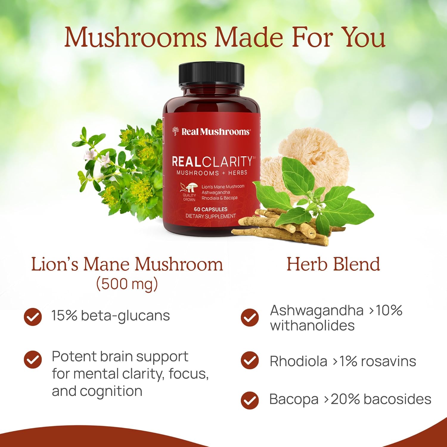 Mushroom Supplement Bundle for Mental Clarity, Focus, Energy - Vegan & Non-GMO - Real Mushrooms RealClarity & Lions Mane Capsules with Cordyceps Powder (60ct & 120ct)