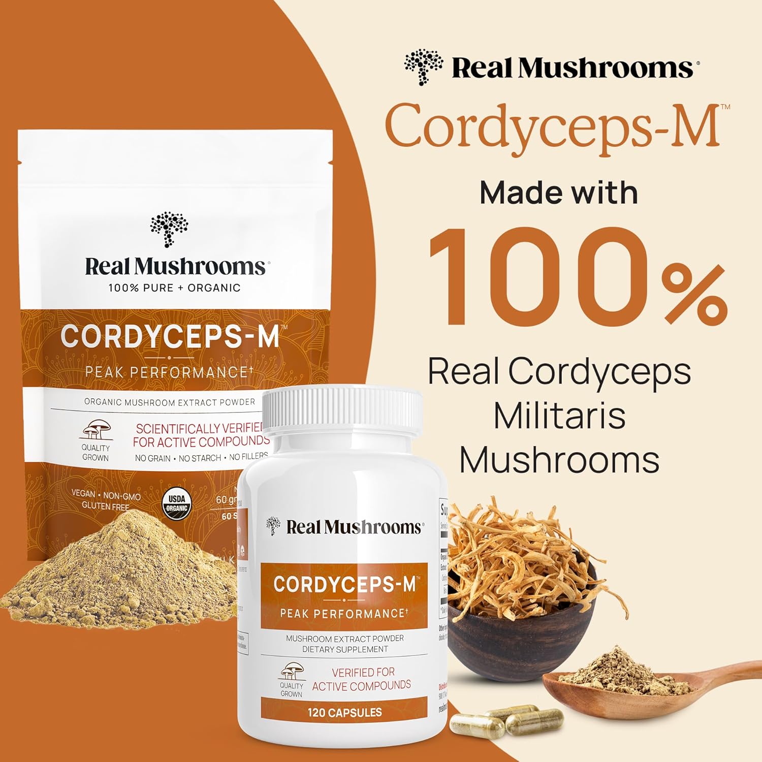 Mushroom Supplement Bundle for Mental Clarity, Focus, Energy - Vegan & Non-GMO - Real Mushrooms RealClarity & Lions Mane Capsules with Cordyceps Powder (60ct & 120ct)