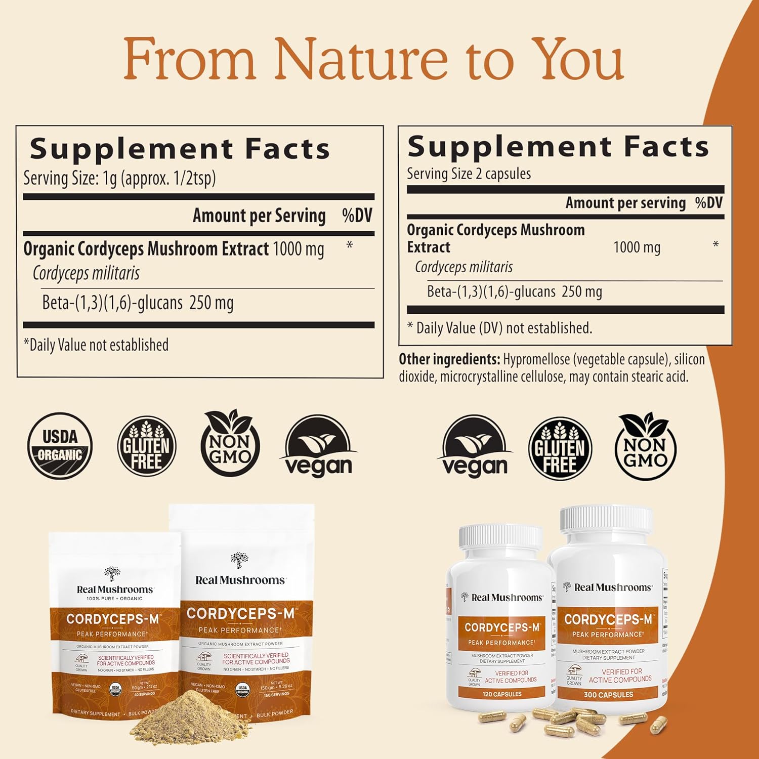 Mushroom Supplement Bundle for Mental Clarity, Focus, Energy - Vegan & Non-GMO - Real Mushrooms RealClarity & Lions Mane Capsules with Cordyceps Powder (60ct & 120ct)