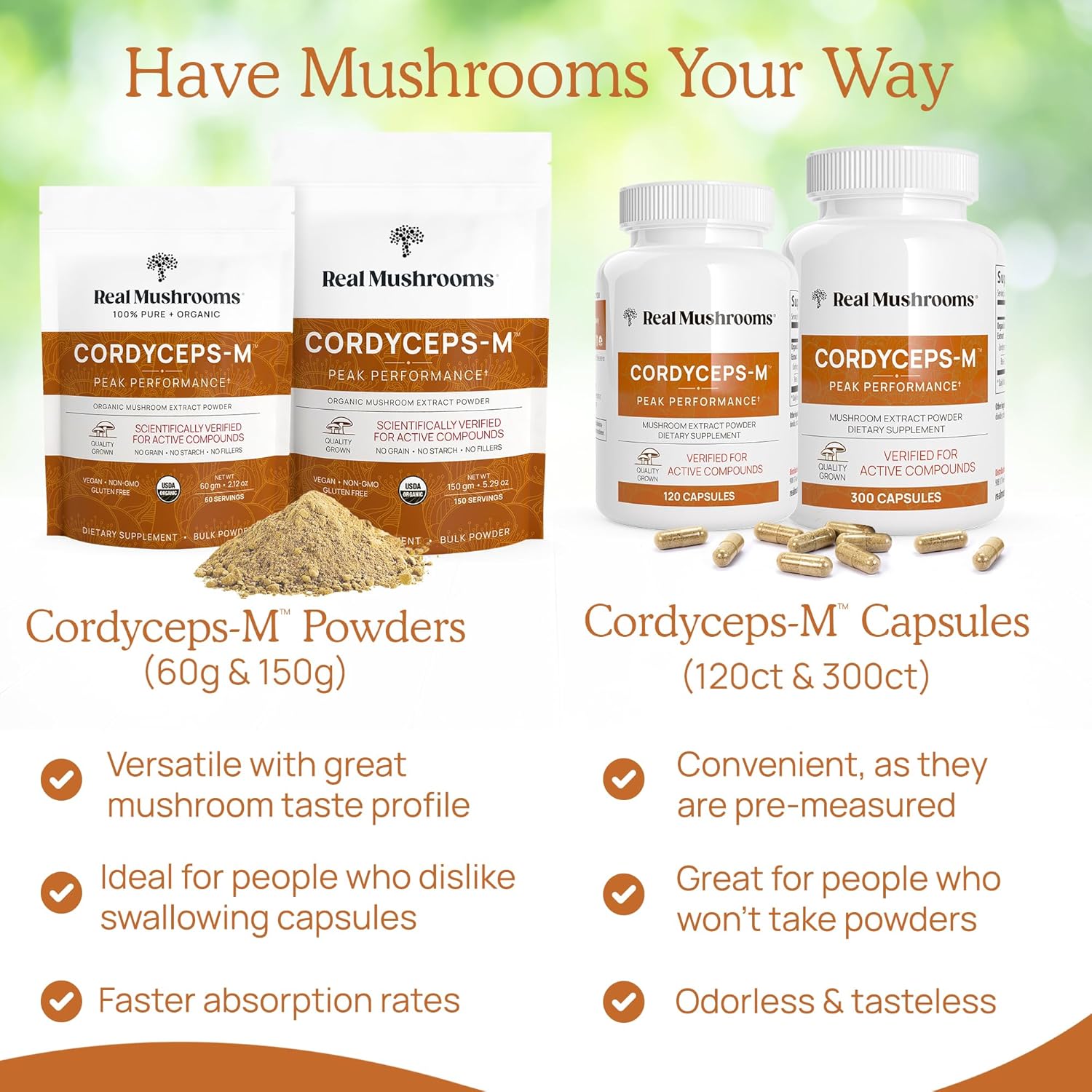 Mushroom Supplement Bundle for Mental Clarity, Focus, Energy - Vegan & Non-GMO - Real Mushrooms RealClarity & Lions Mane Capsules with Cordyceps Powder (60ct & 120ct)