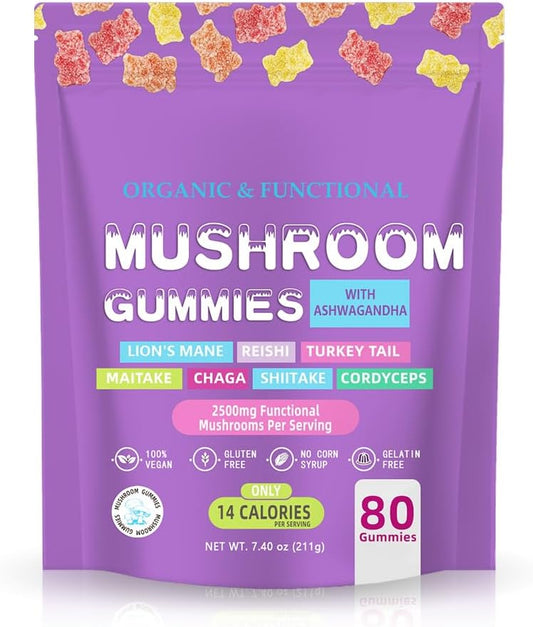 Mushroom Supplement Gummies with Ashwagandha and Lions Mane for Focus, Memory, Immune Support & Stress Relief - Nootropic Brain Supplement