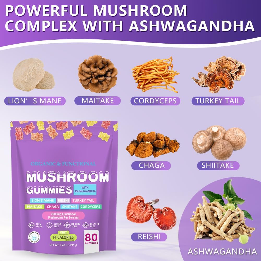 Mushroom Supplement Gummies with Ashwagandha and Lions Mane for Focus, Memory, Immune Support & Stress Relief - Nootropic Brain Supplement
