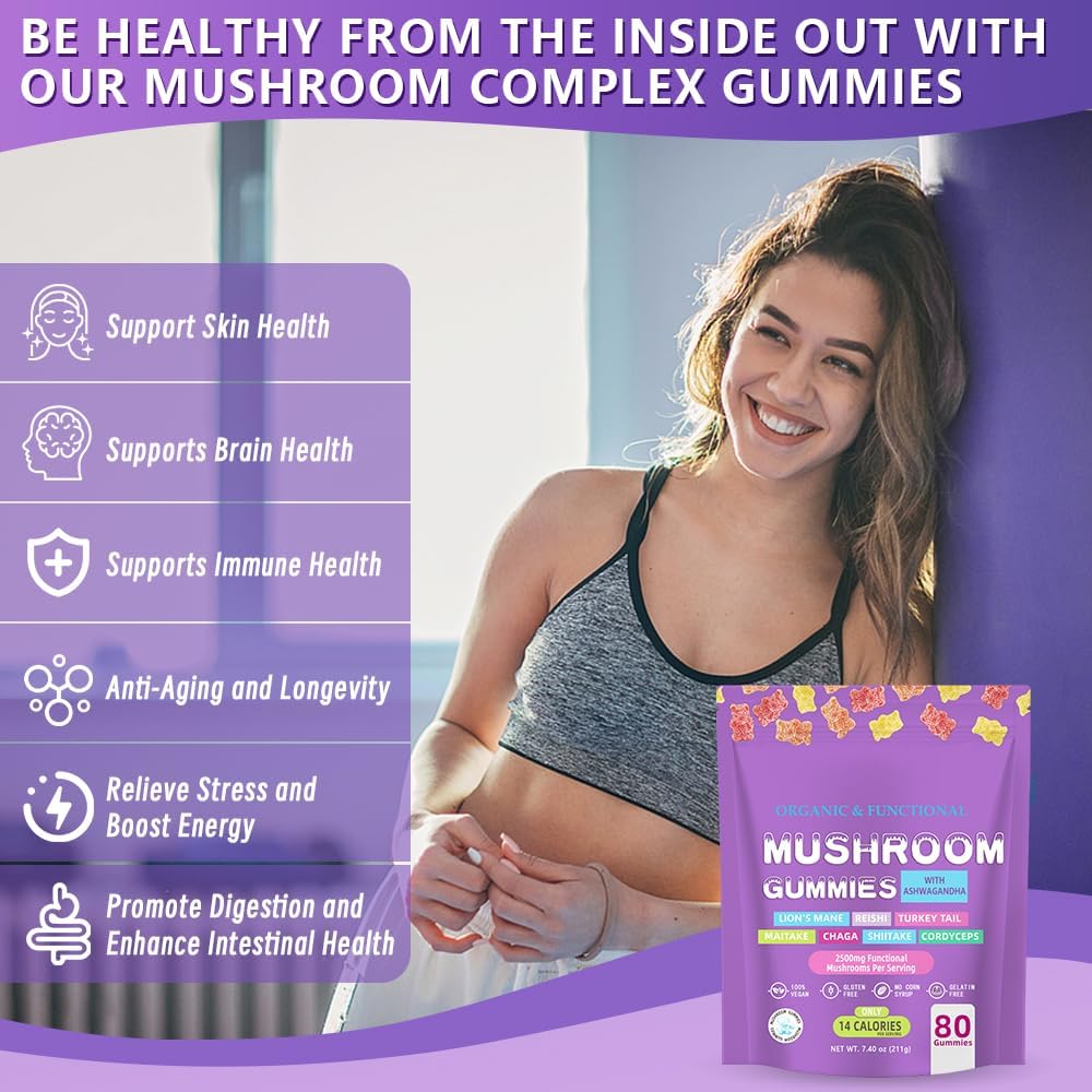 Mushroom Supplement Gummies with Ashwagandha and Lions Mane for Focus, Memory, Immune Support & Stress Relief - Nootropic Brain Supplement