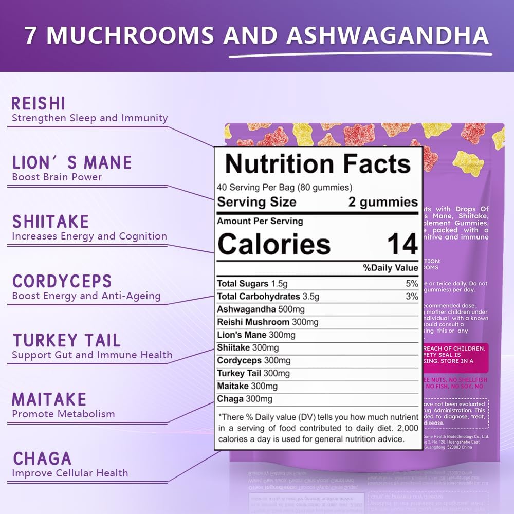 Mushroom Supplement Gummies with Ashwagandha and Lions Mane for Focus, Memory, Immune Support & Stress Relief - Nootropic Brain Supplement