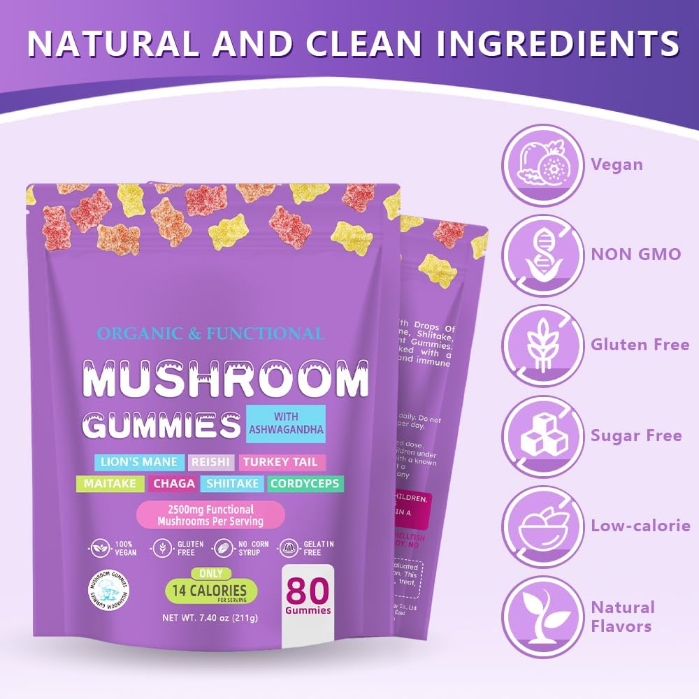 Mushroom Supplement Gummies with Ashwagandha and Lions Mane for Focus, Memory, Immune Support & Stress Relief - Nootropic Brain Supplement