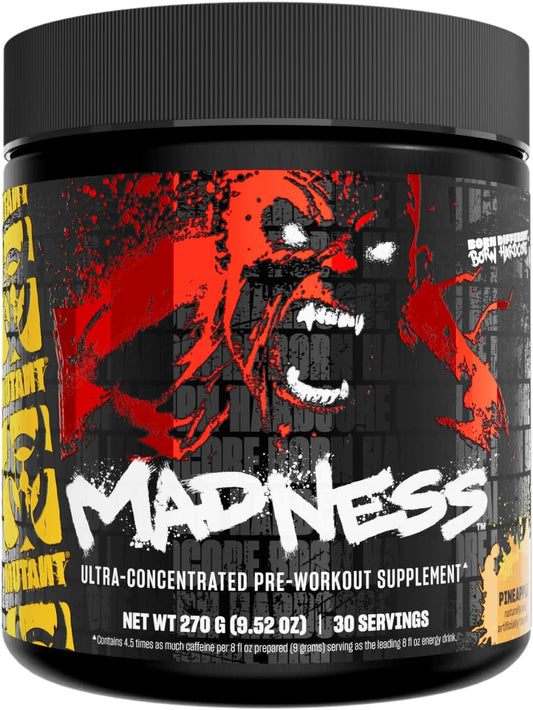 Mutant Madness Pre-Workout Powder Supplement 30 Serving Pineapple Flavor Pump and Performance Blend with L-Citrulline, Beta-Alanine, Taurine, L-Tyrosine