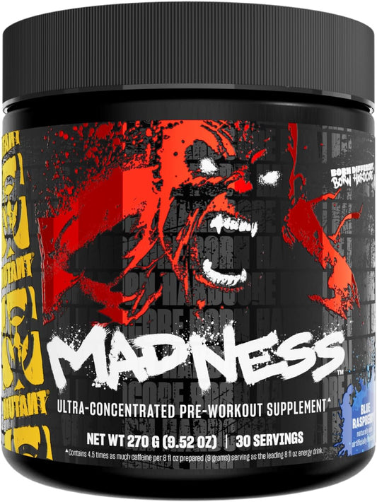 Mutant Madness Pre Workout Powder Supplement with L-Citrulline, Beta-Alanine, Taurine, L-Tyrosine for Performance and Pump | Blue Raspberry Flavor | 30 Servings
