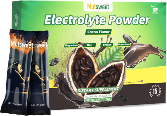 Mutsweet Cocoa Electrolytes Powder Packets - Vegan & Non-GMO Electrolyte Drink Mix with 4 Electrolytes - Sugar-Free - 15 Sticks