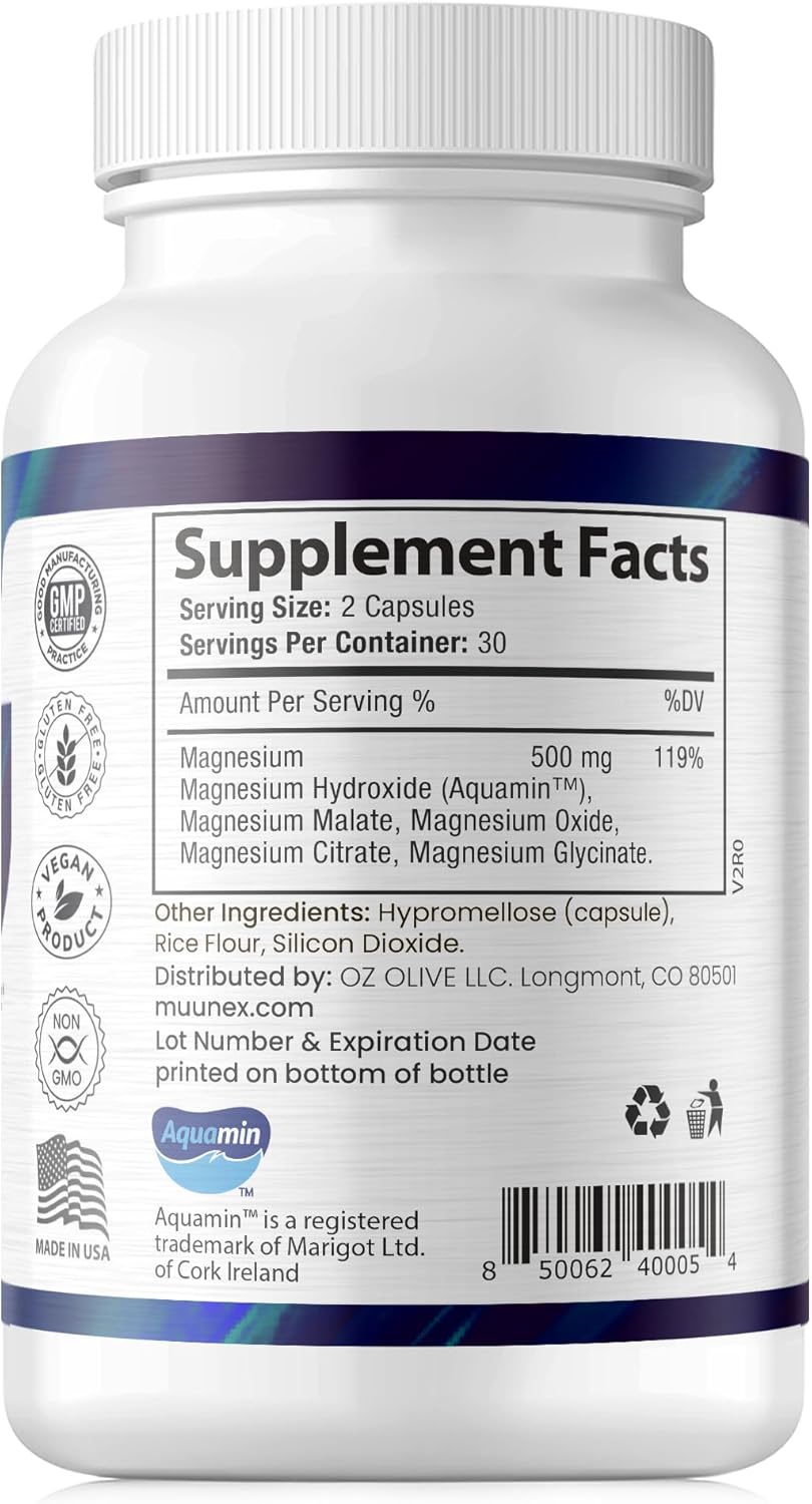 MuunEx High Absorption Magnesium Complex - Enhanced Formula for Muscles, Nerves, and Energy - 60 Vegan Capsules