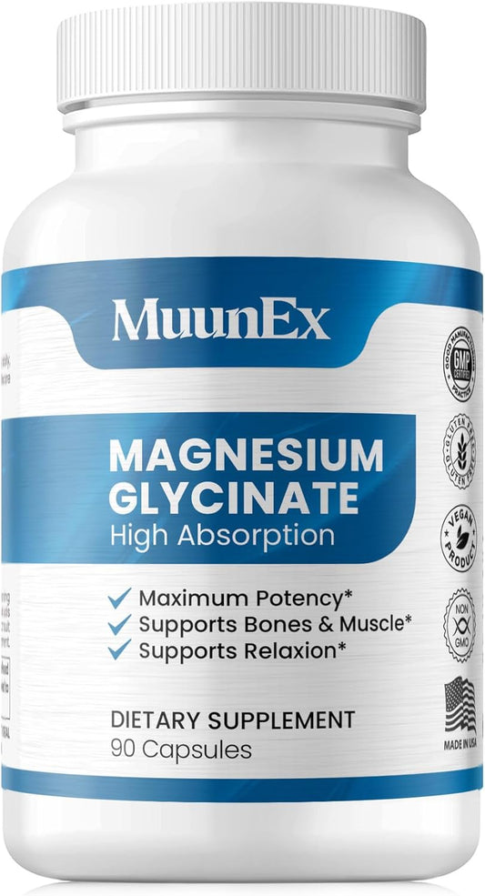 MuunEx Magnesium Glycinate 2,500mg Supplement for Muscle, Nerve, Bone, and Heart Support - Gluten Free, Non GMO - 90 Vegan Capsules