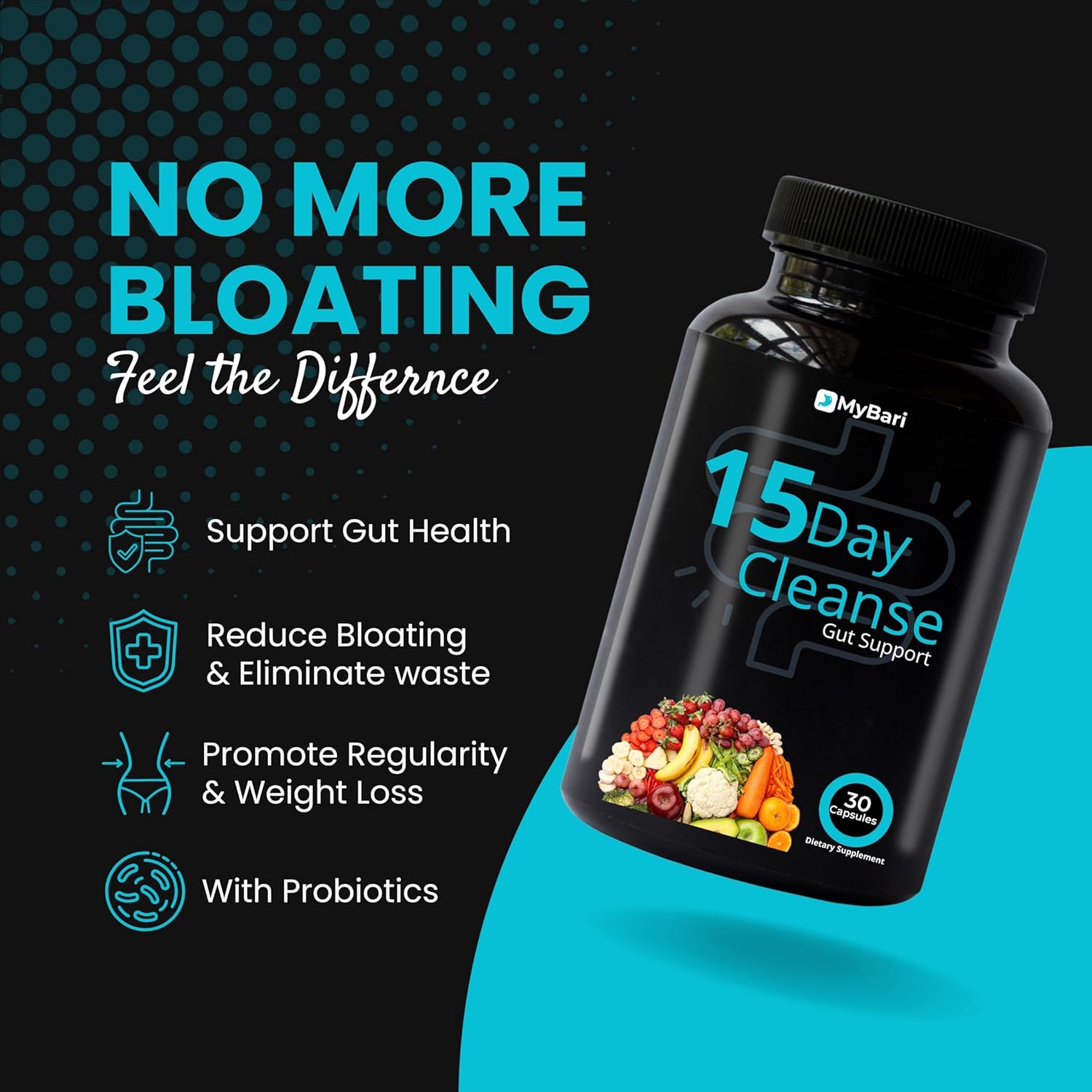 Mybari 15 Day Cleanse for Gut and Colon Support - Advanced Detox for Men & Women - Non-GMO - 30 Capsules