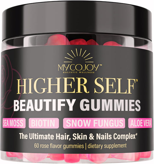 MYCOJOY Higher SELF™ Beautify Gummies with Sea Moss, Biotin, Snow Fungus, Aloe Vera for Hair, Skin, Nails - 60 Vegan Rose Flavor Gummies