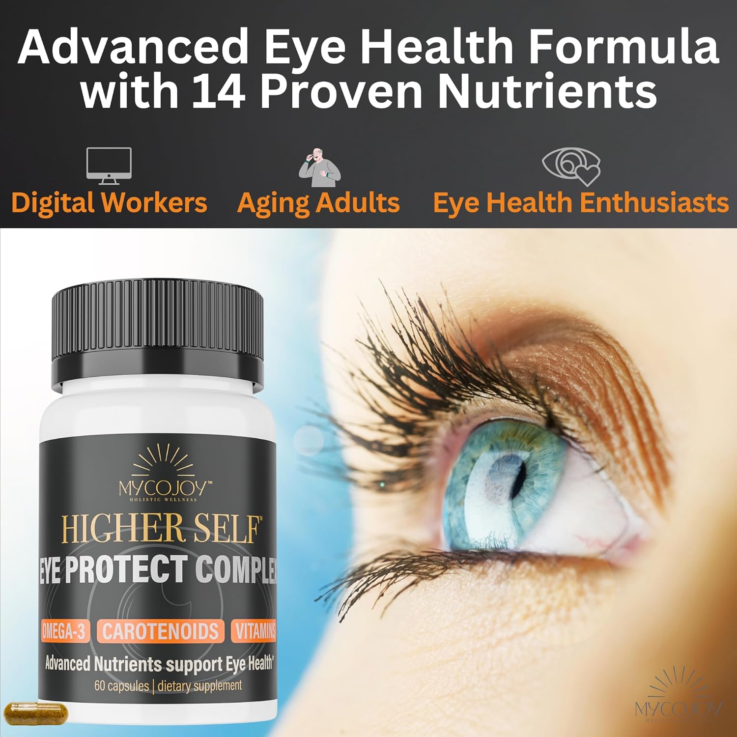 MYCOJOY Higher SELF™ Eye Protect Complex Blue Light Defense Supplement with Lion’s Mane, Omega-3, Lutein, Zeaxanthin, Bilberry, Eyebright | 60 Capsules