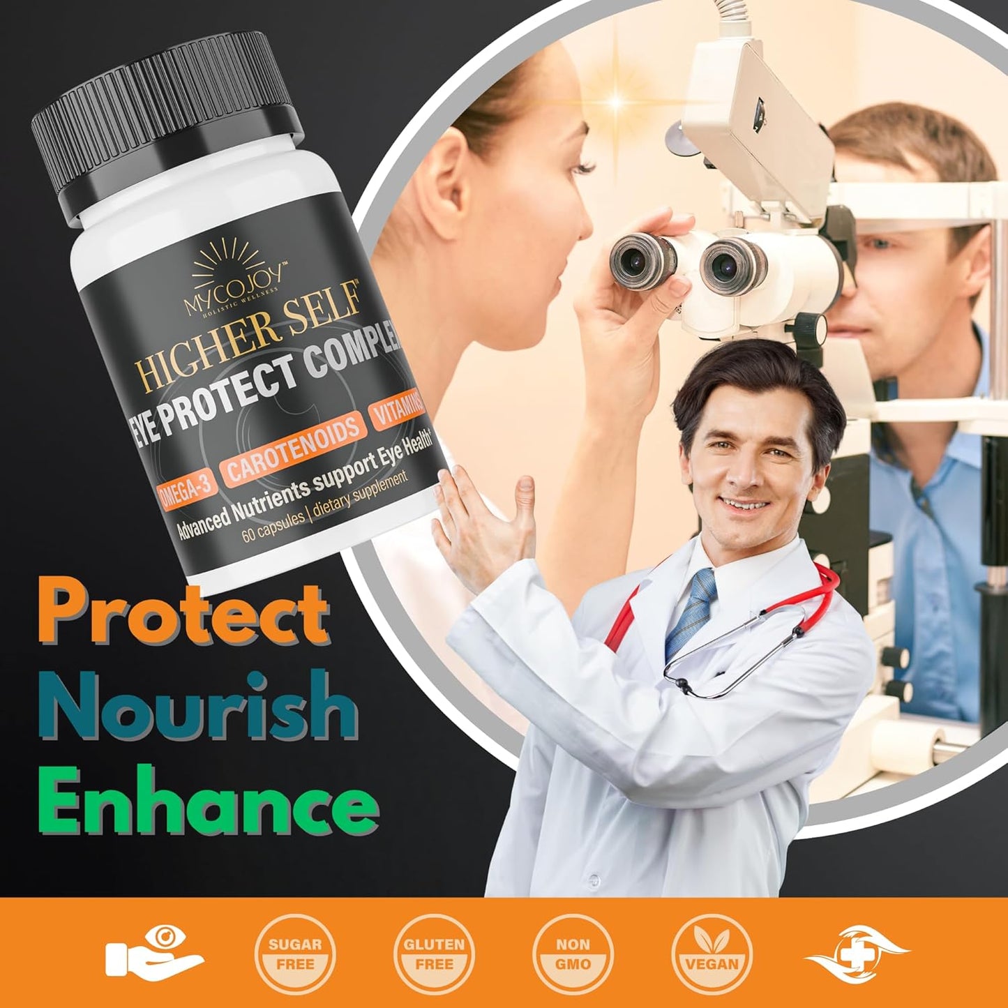 MYCOJOY Higher SELF™ Eye Protect Complex Blue Light Defense Supplement with Lion’s Mane, Omega-3, Lutein, Zeaxanthin, Bilberry, Eyebright | 60 Capsules