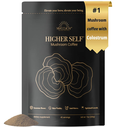 MYCOJOY HIGHER SELF™ Mushroom Coffee with IgG Colostrum, Organic Arabica, Lion's Mane, Reishi, Chaga, L-Theanine, and Frankincense - Immune Support & Focus Blend