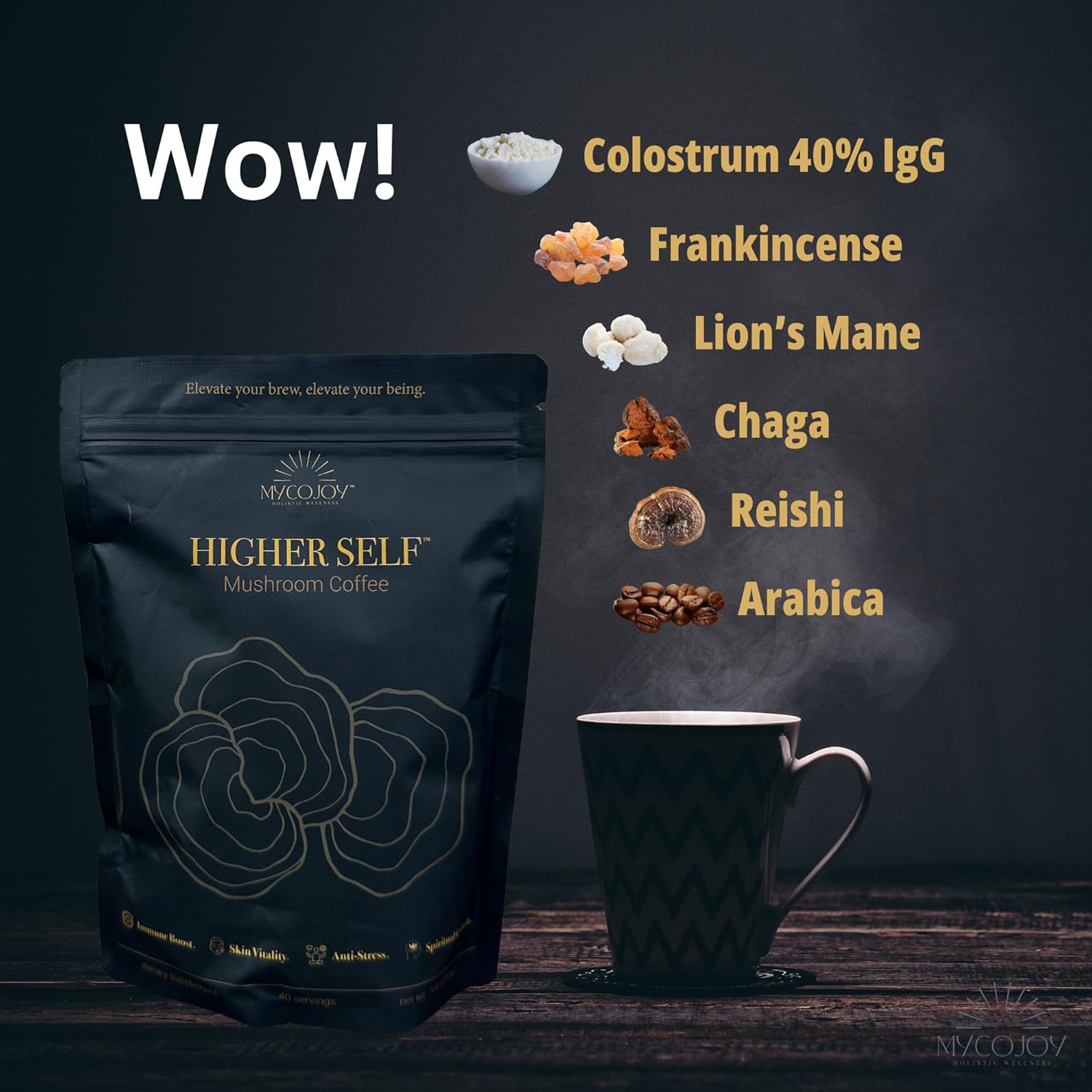 MYCOJOY HIGHER SELF™ Mushroom Coffee with IgG Colostrum, Organic Arabica, Lion's Mane, Reishi, Chaga, L-Theanine, and Frankincense - Immune Support & Focus Blend