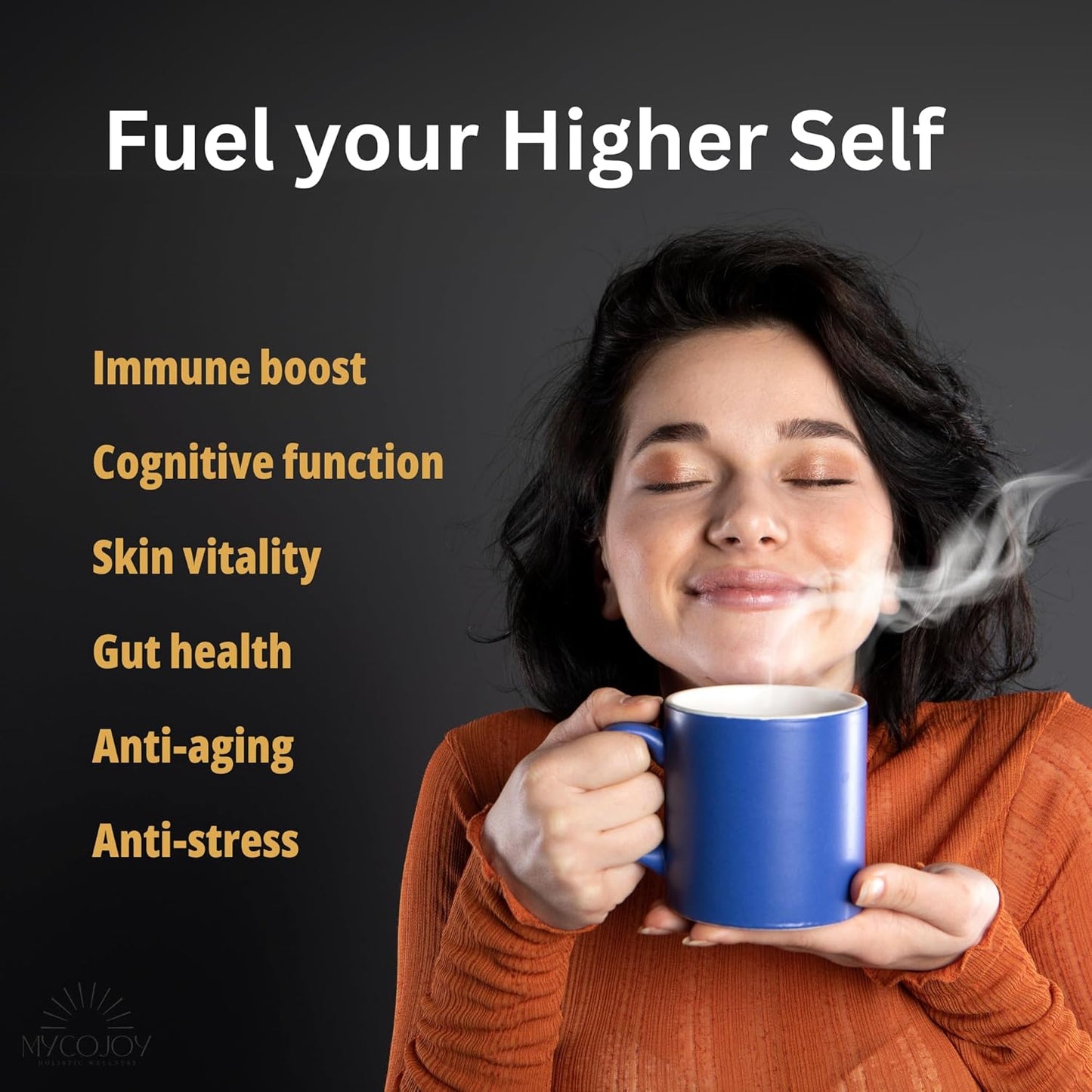 MYCOJOY HIGHER SELF™ Mushroom Coffee with IgG Colostrum, Organic Arabica, Lion's Mane, Reishi, Chaga, L-Theanine, and Frankincense - Immune Support & Focus Blend