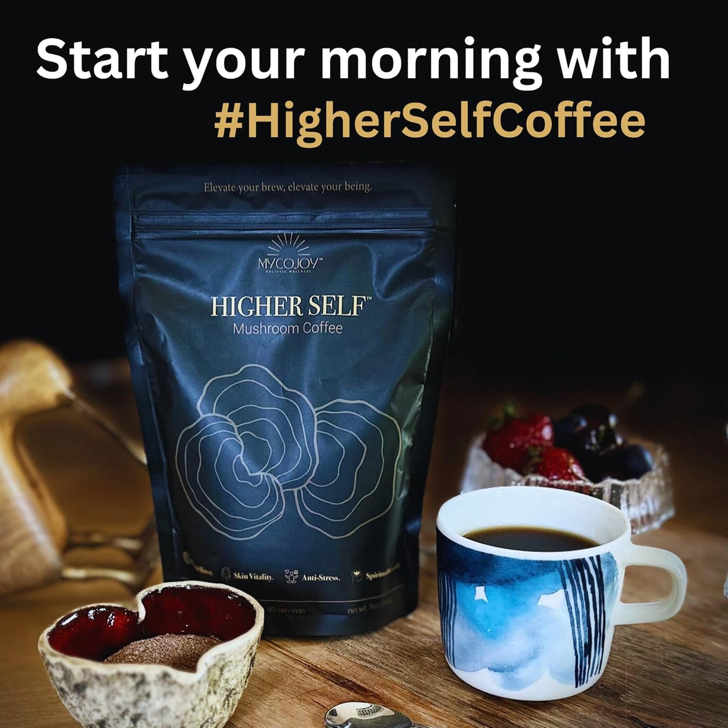 MYCOJOY HIGHER SELF™ Mushroom Coffee with IgG Colostrum, Organic Arabica, Lion's Mane, Reishi, Chaga, L-Theanine, and Frankincense - Immune Support & Focus Blend