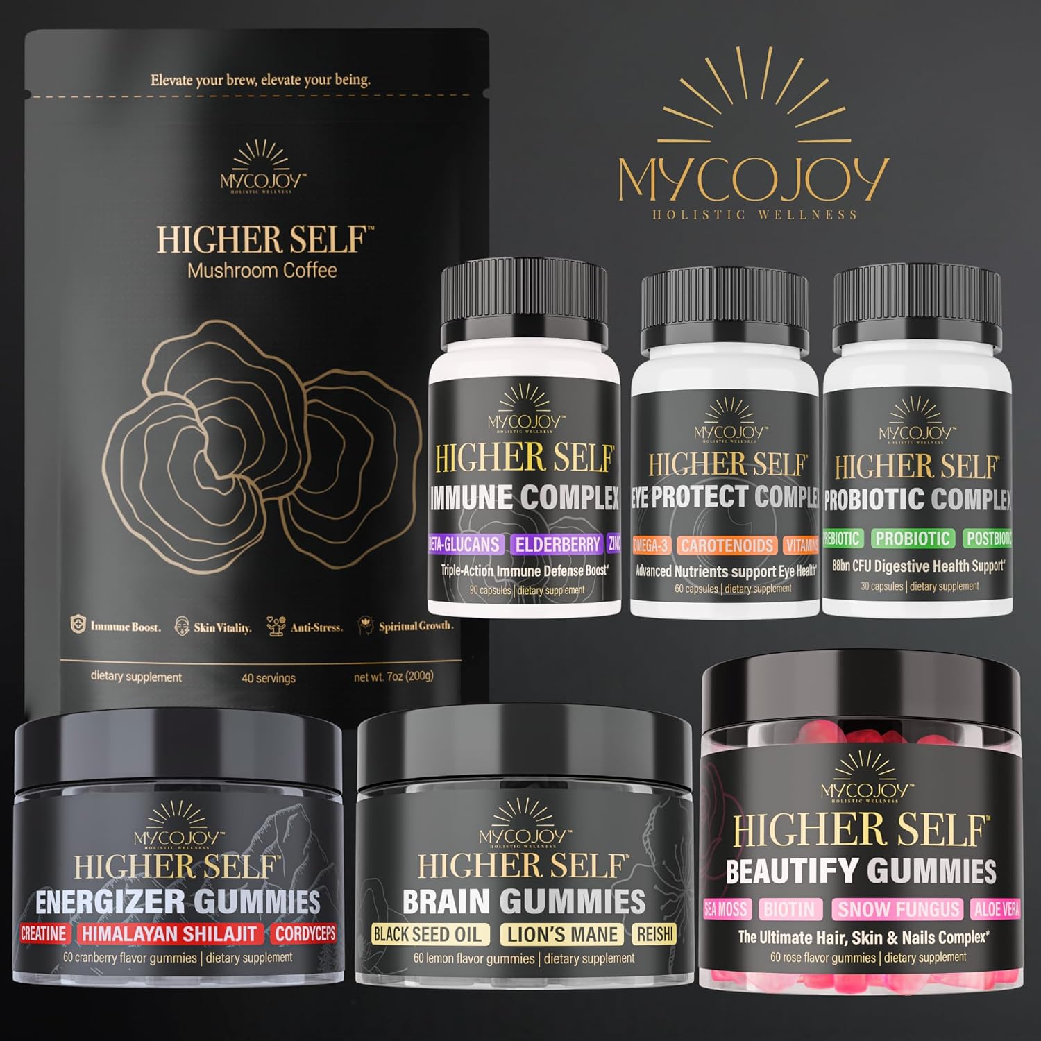 MYCOJOY HIGHER SELF™ Mushroom Coffee with IgG Colostrum, Organic Arabica, Lion's Mane, Reishi, Chaga, L-Theanine, and Frankincense - Immune Support & Focus Blend