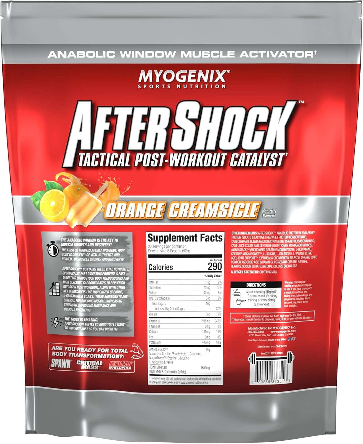 Myogenix Aftershock Post Workout Protein Powder - Anabolic Whey Protein with Mass-Building Carbs, Amino Stack, Creatine, Glutamine, BCAAs - Orange Creamsicle 6 LBS