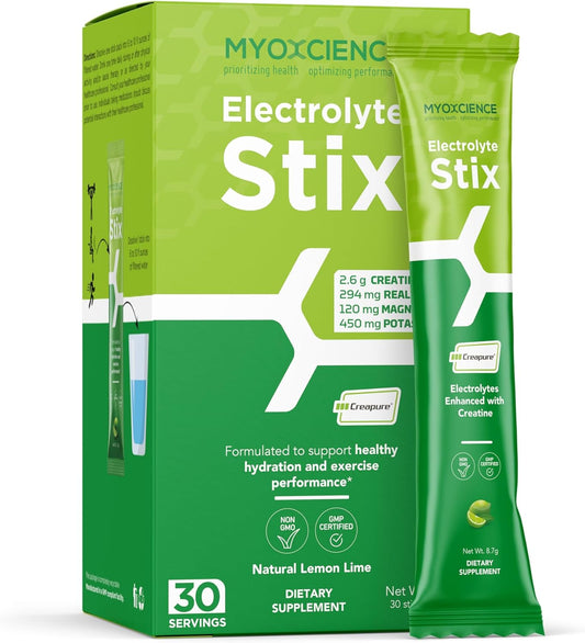 MYOXCIENCE Creatine Electrolyte Powder Stix - Lemon Lime Flavor - 30 ct - Enhances Exercise Recovery & Muscle Development with Real Salt