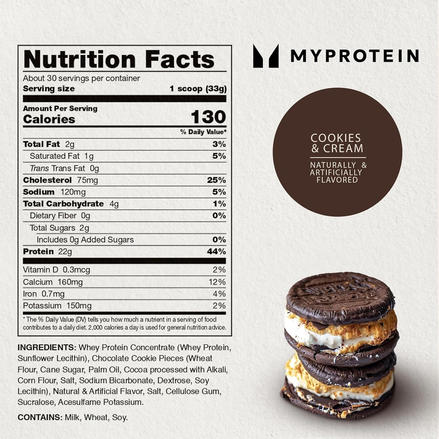 Myprotein Cookies & Cream Impact Whey Protein Powder - 2.2 Lbs (32 Servings) - 22g Protein & 5g BCAA Per Serving - Protein Shake for Enhanced Performance - BoostGo Australia