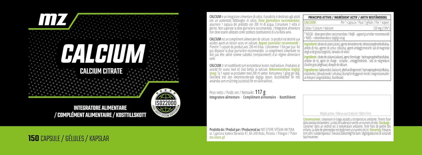 MZ Calcium Citrate Capsules - 120mg - 150 Vegan Capsules - 5 Month Supply - Bone & Teeth Support - Dietary Supplement